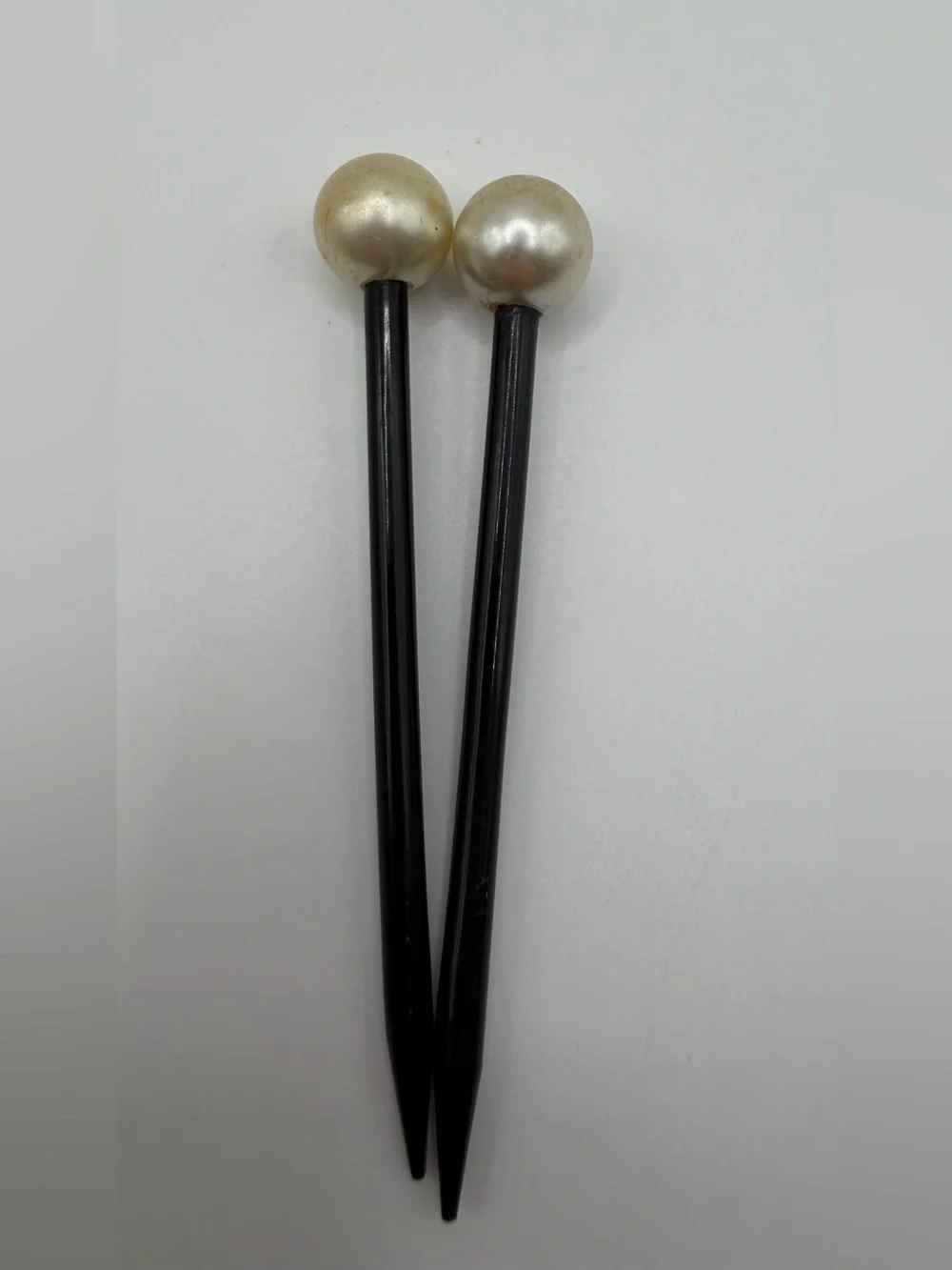 2 Vtg Art Deco Hair Stick French Black Celluloid Faux Pearl Round Top Bun Pin